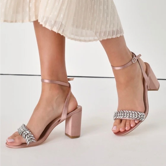 Sulliee Blush Satin Rhinestone Leaf Ankle Strap Heels ~ Block Heels ~ Baby Pink - Picture 2 of 8